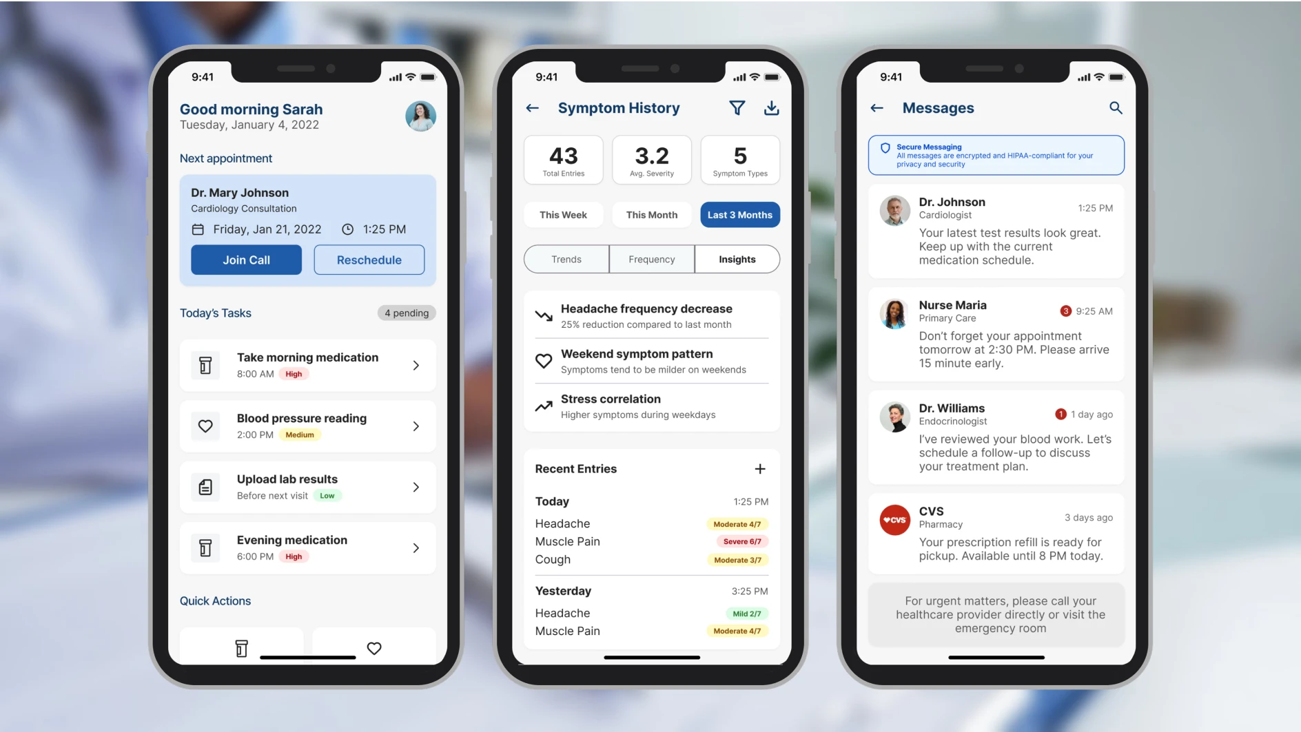 Mobile app screenshots showing SoteriaMe healthcare app interface with patient dashboard and clinician communication features