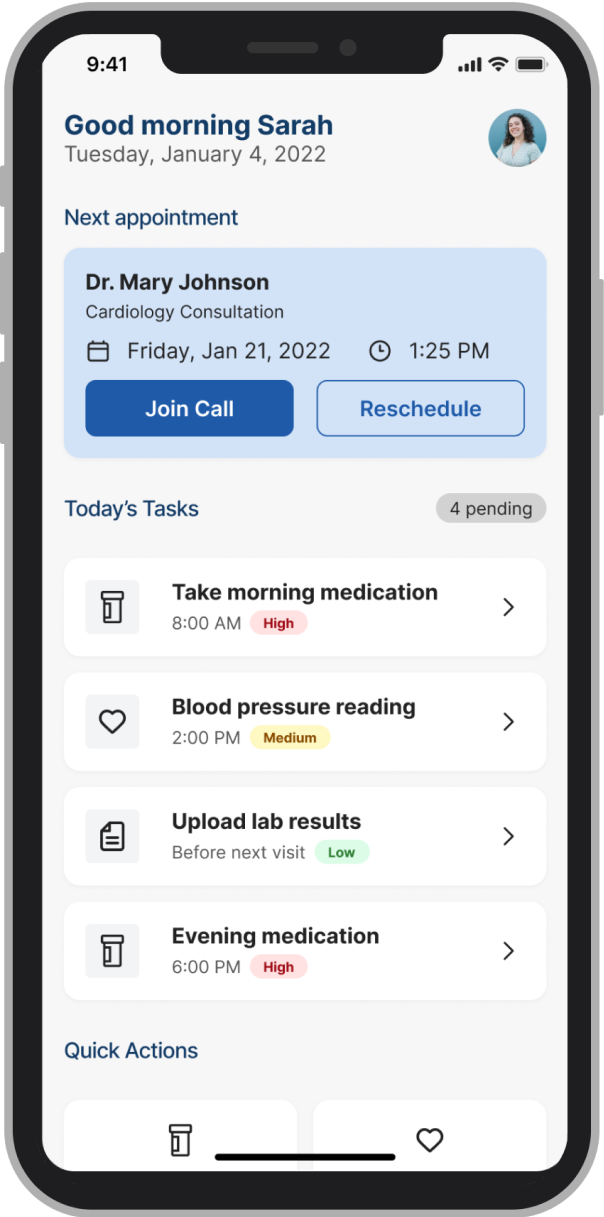 Healthcare Dashboard after testing - simplified interface with personalized greeting, next appointment highlight, today's tasks, and quick actions