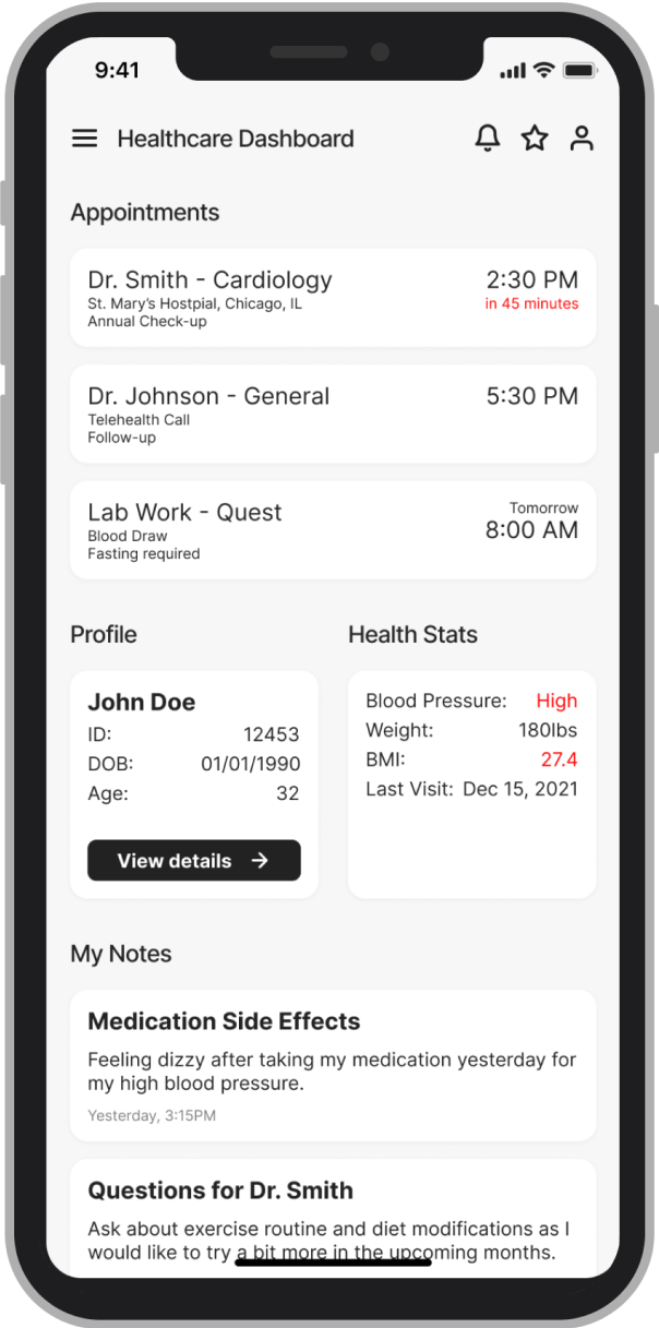Healthcare Dashboard before testing - cluttered interface with appointments list, profile details, health stats, and notes sections
